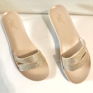 Jewel Badgley Mischka Women's Cream Tan Sparkly Gold Slide Sandals shoes